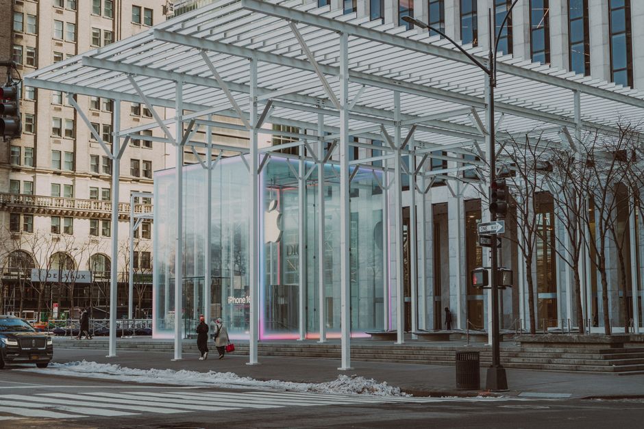 Winter view of a modern glass building in New York City.