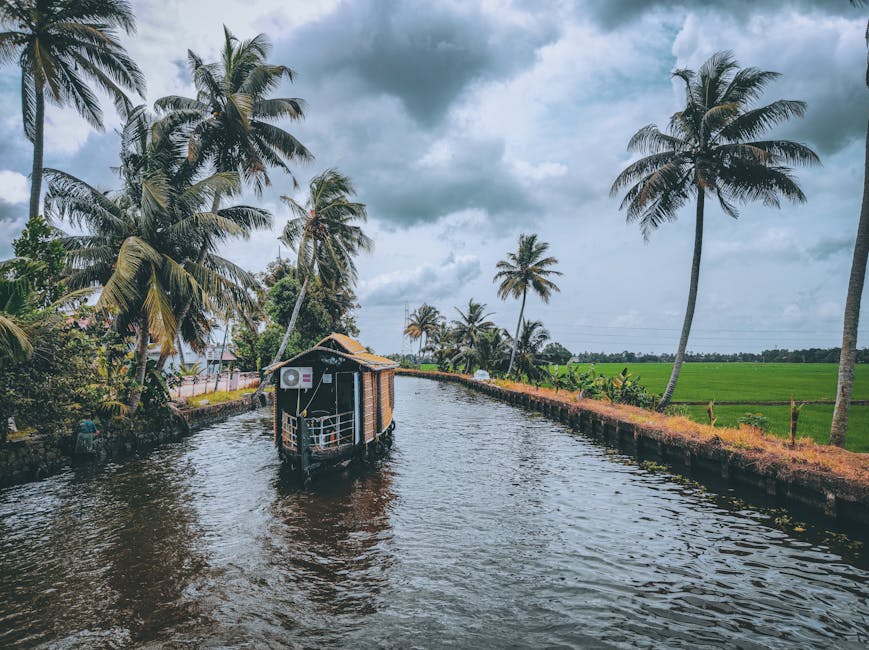 Scenic houseboat on a tranquil canal surrounded by lush palm trees in Kerala, India.