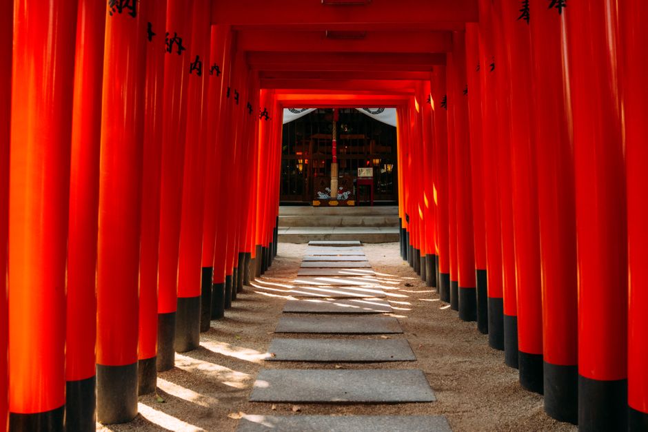 Vibrant red torii gates create a mesmerizing pathway at a serene Japanese shrine.